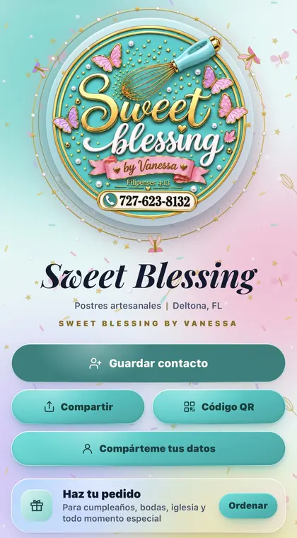 Digital business card for Sweet Blessing by Vanessa, artisan desserts in Deltona FL, designed by Finesse Media