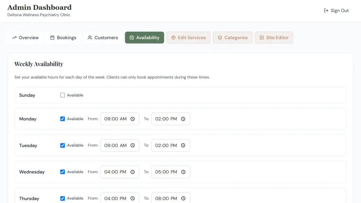 Weekly availability settings with open hours for each day