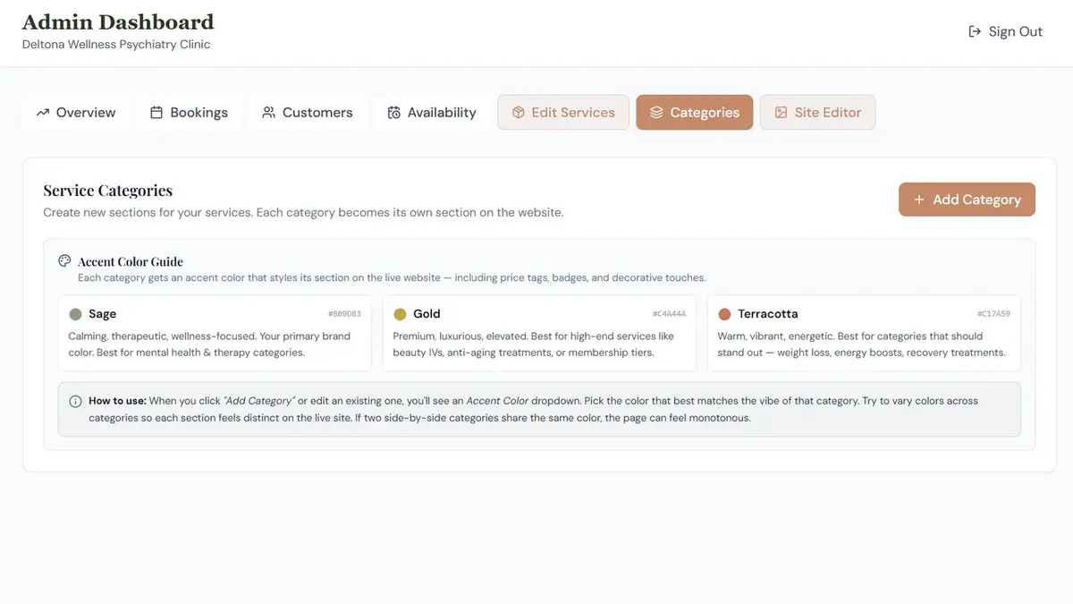 The service categories screen with sage, gold, and terracotta accent colors