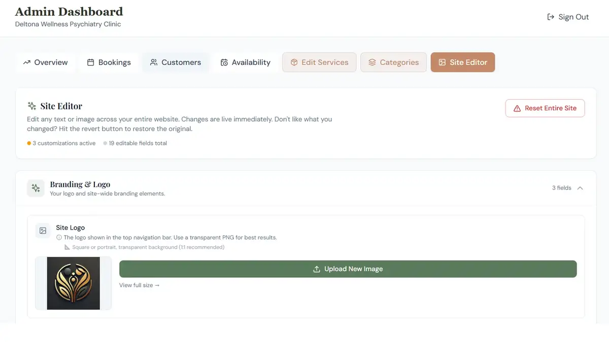 The site editor for updating the logo, text, and images on the live website