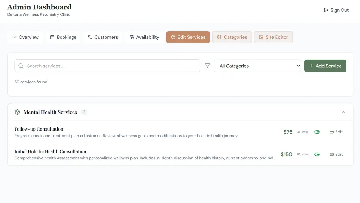 The services editor listing mental health services with prices and session lengths