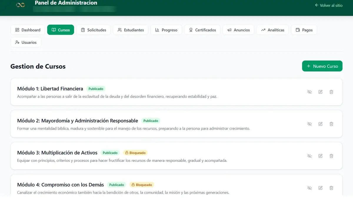 The course manager listing four published modules, two of them locked until students are ready